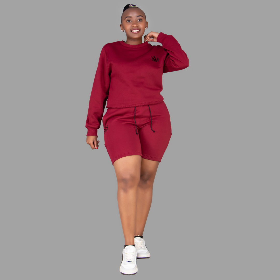 Women's Maroon Sweatshirt-Short Set.