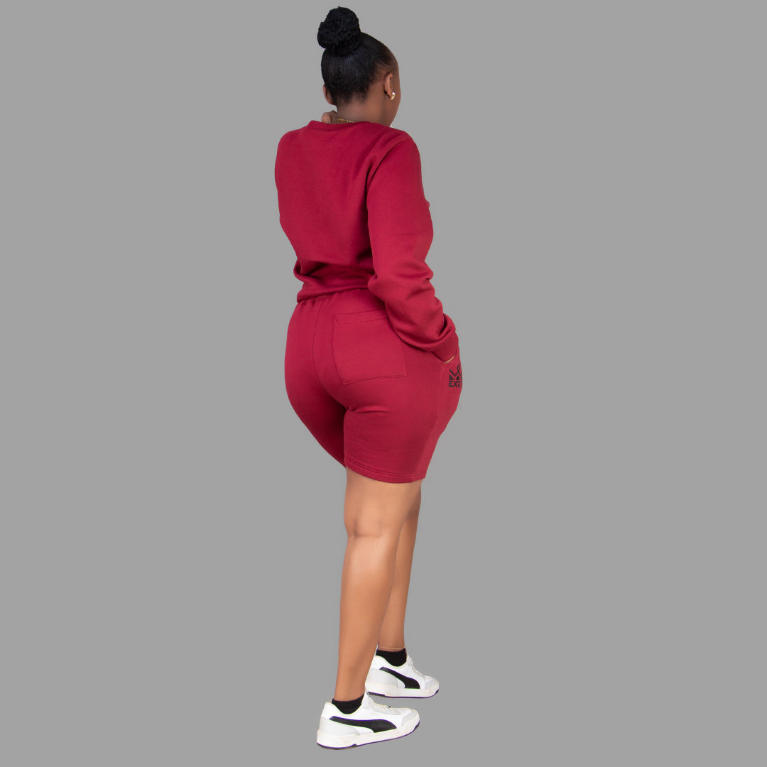 Women's Maroon Sweatshirt-Short Set.