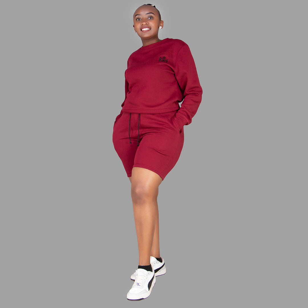 Women's Maroon Sweatshirt-Short Set.