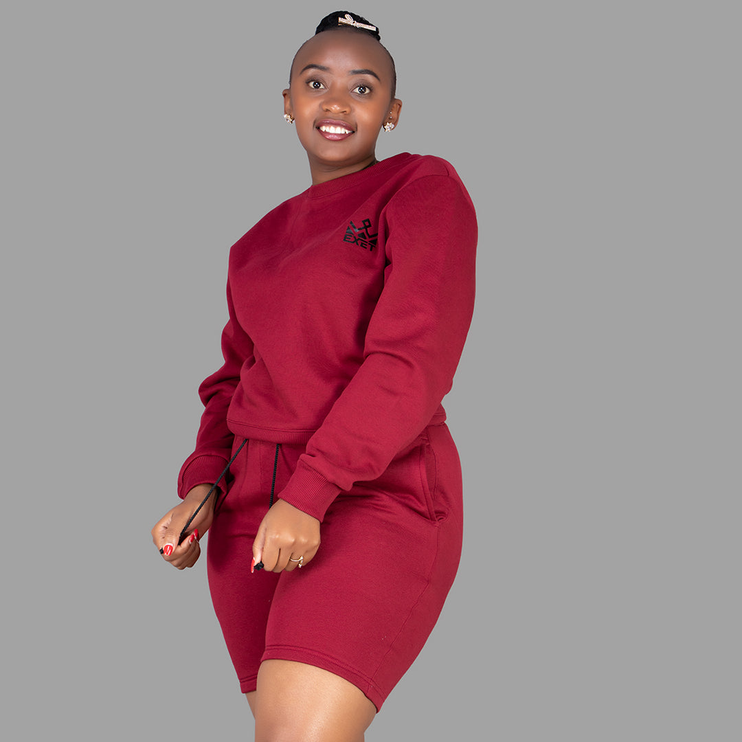 Women's Maroon Sweatshirt-Short Set.