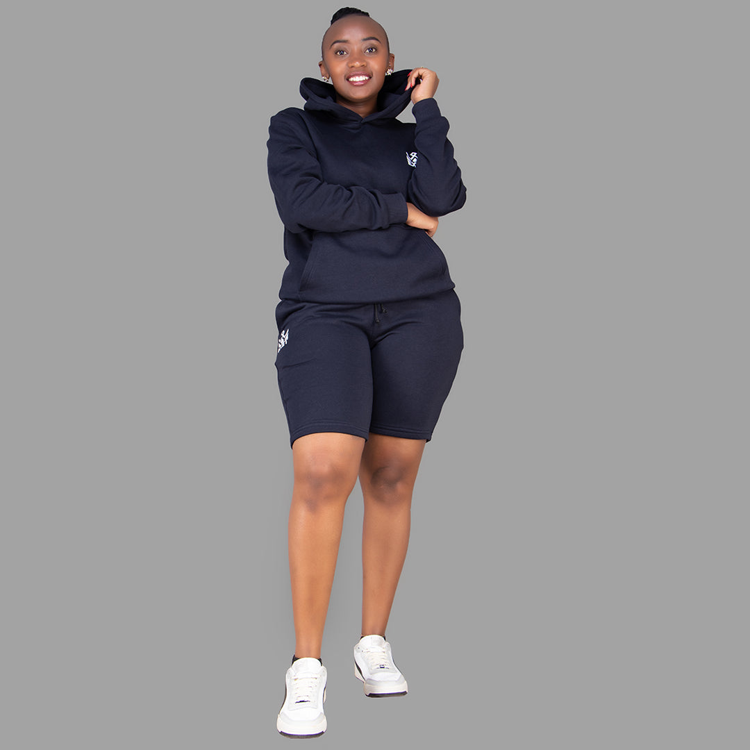 Women's Dark Navy Blue Hoodie-Short Set.