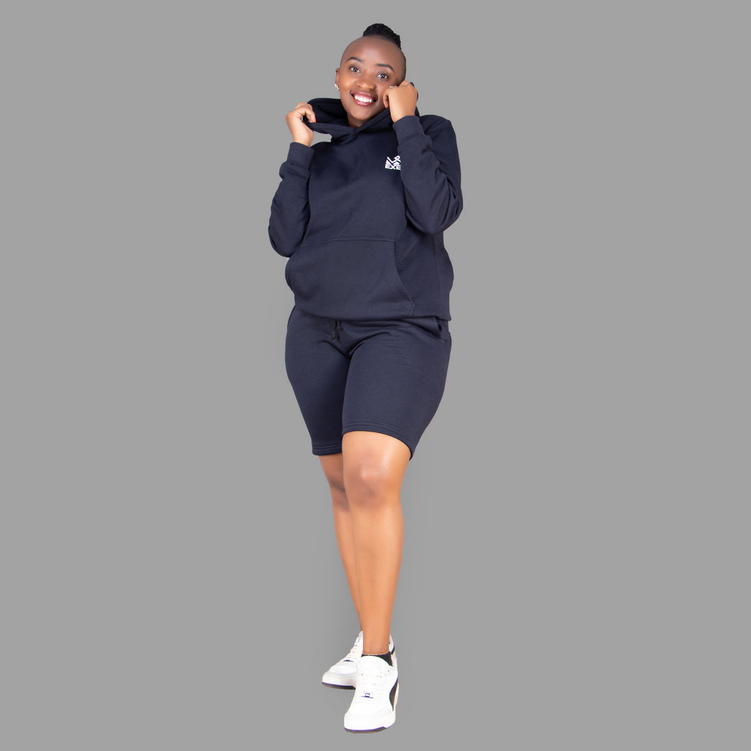 Women's Dark Navy Blue Hoodie-Short Set.