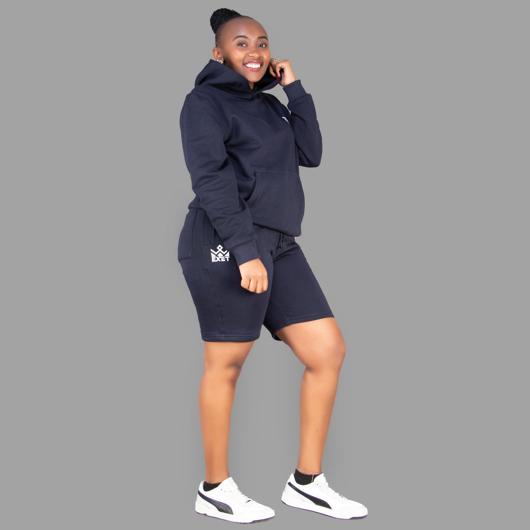 Women's Dark Navy Blue Hoodie-Short Set.