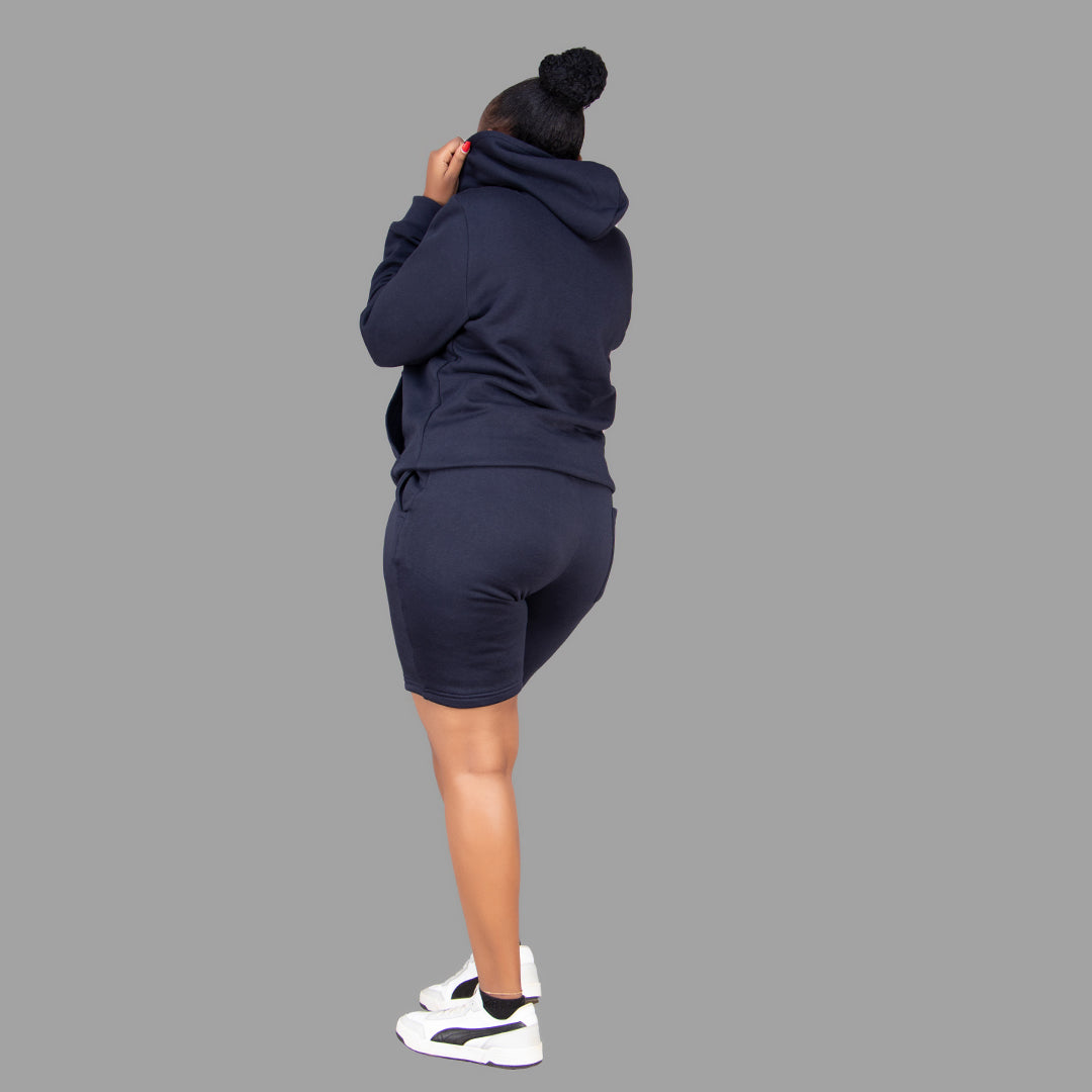 Women's Dark Navy Blue Hoodie-Short Set.