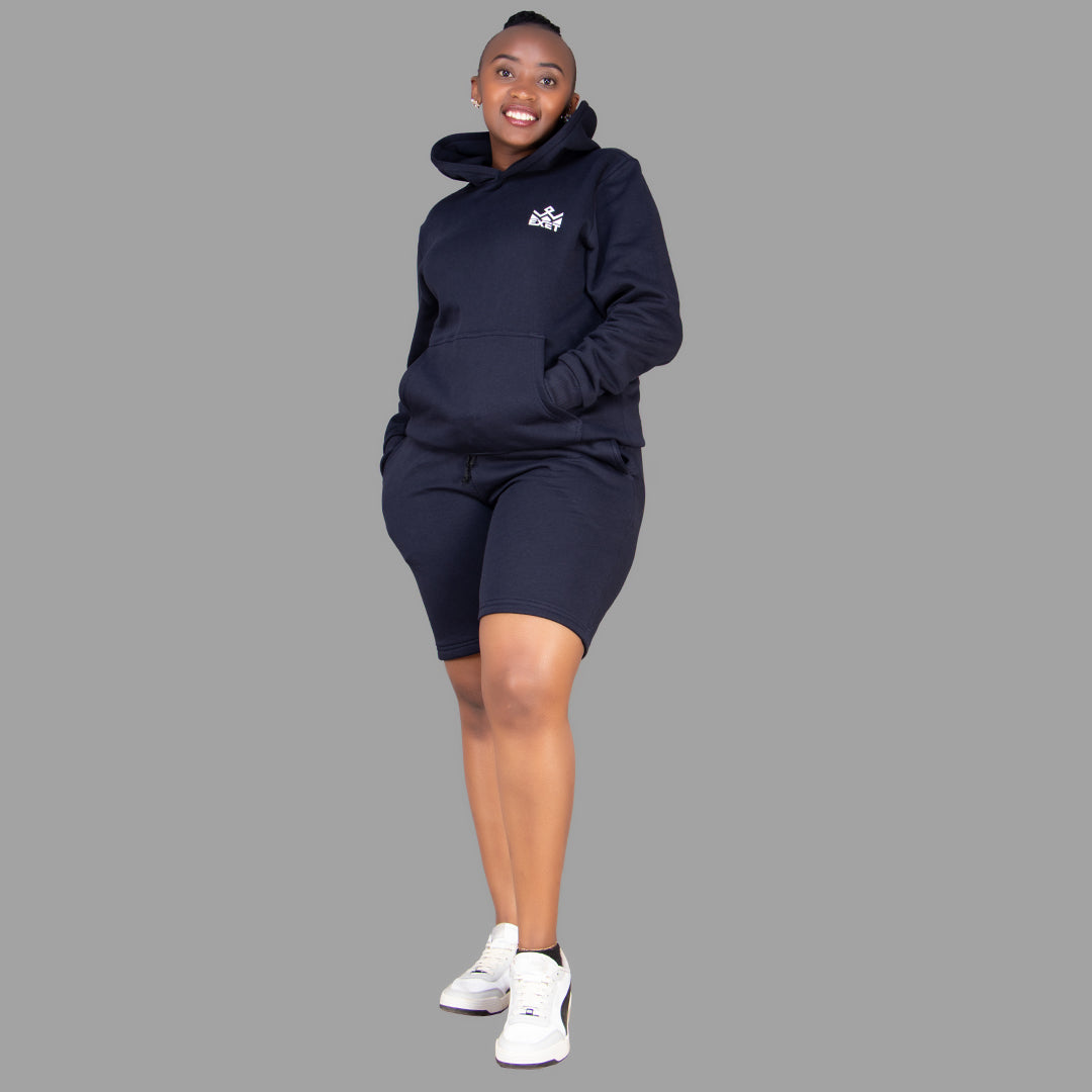 Women's Dark Navy Blue Hoodie-Short Set.