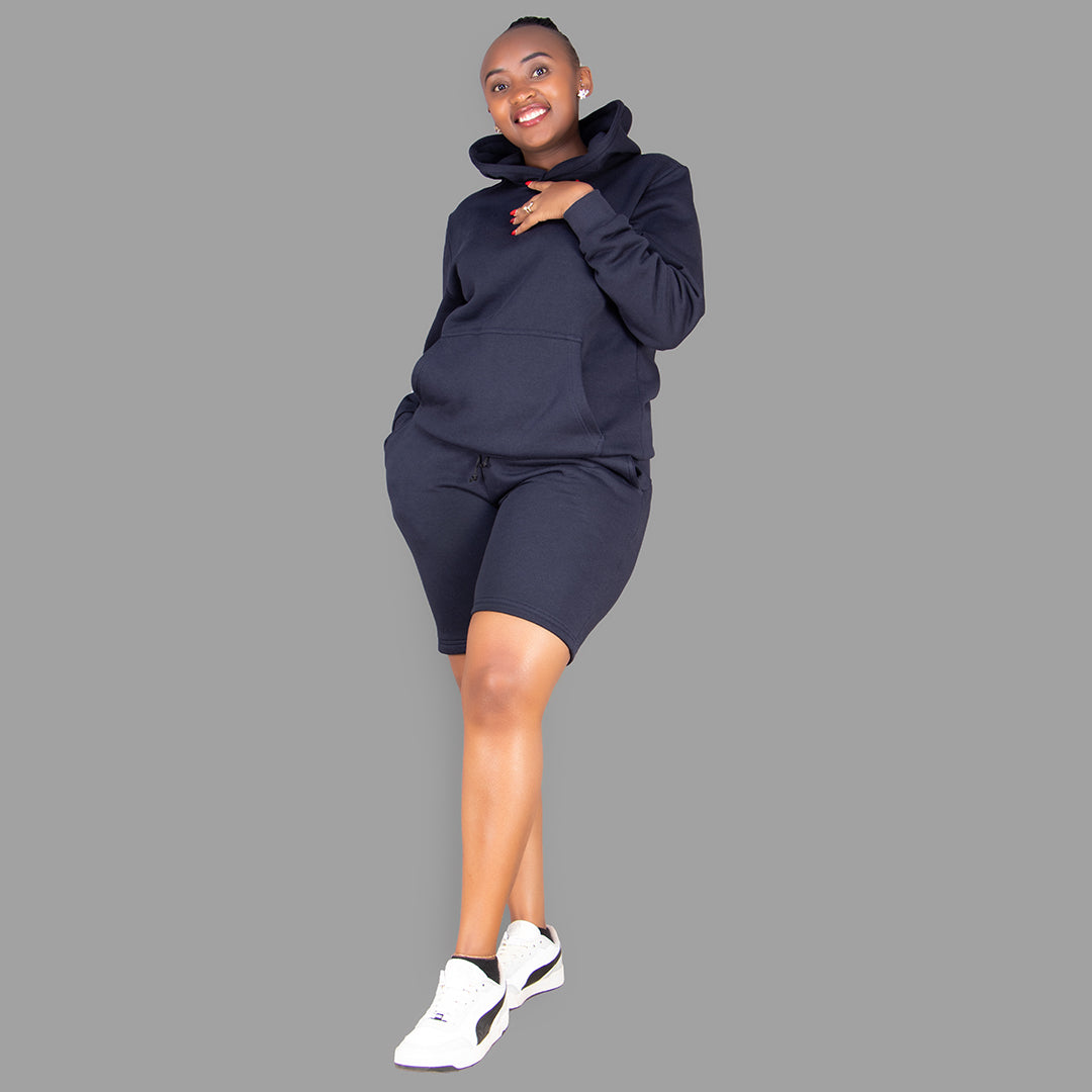 Women's Dark Navy Blue Hoodie-Short Set.