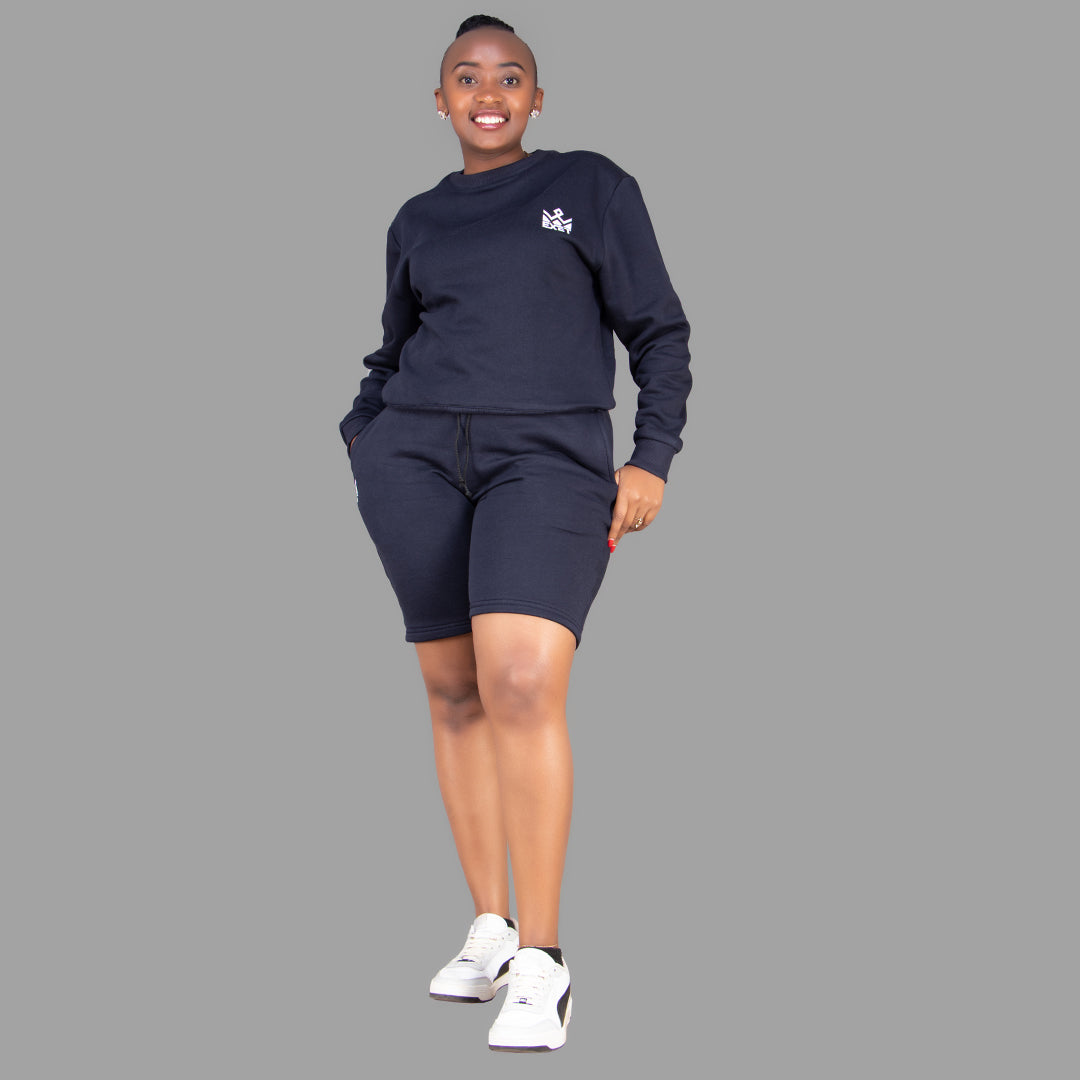 Women's Dark Navy Blue Sweatshirt- Short Set.