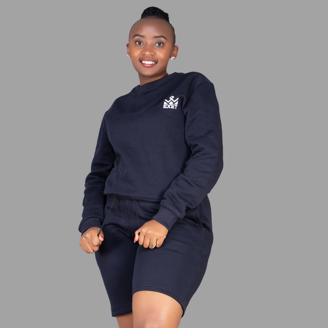 Women's Dark Navy Blue Sweatshirt- Short Set.