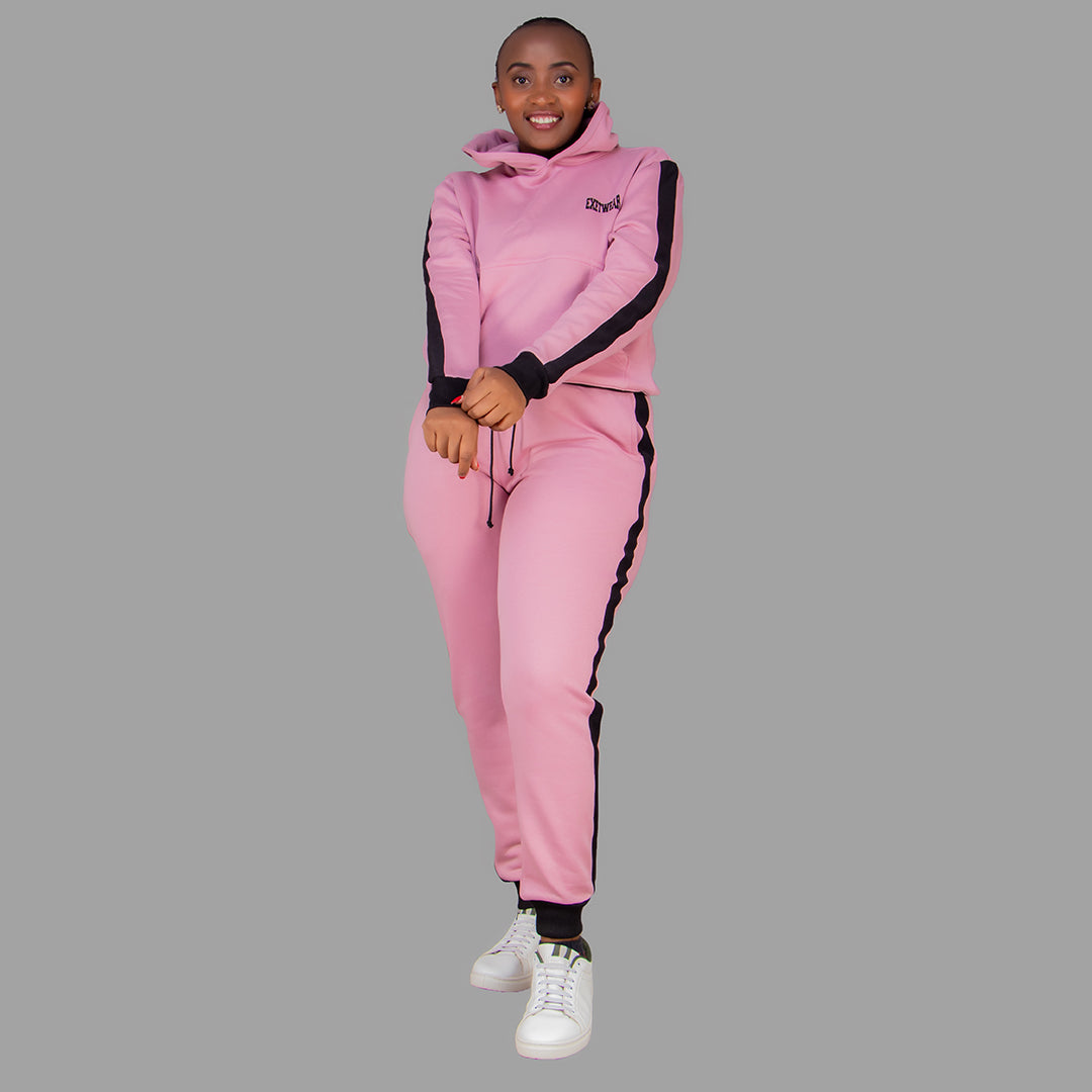 Women's Pink Hoodie Set (Black stripes).