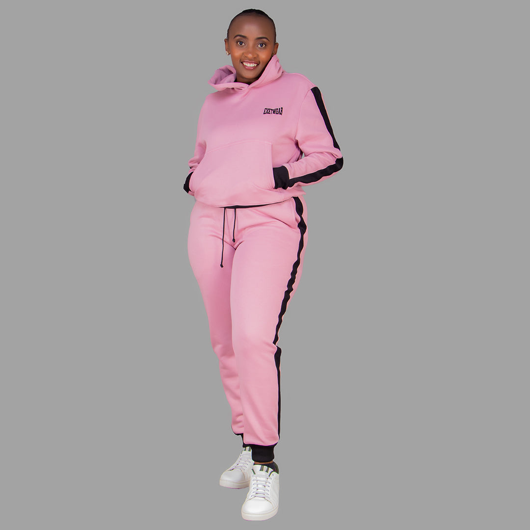 Women's Pink Hoodie Set (Black stripes).