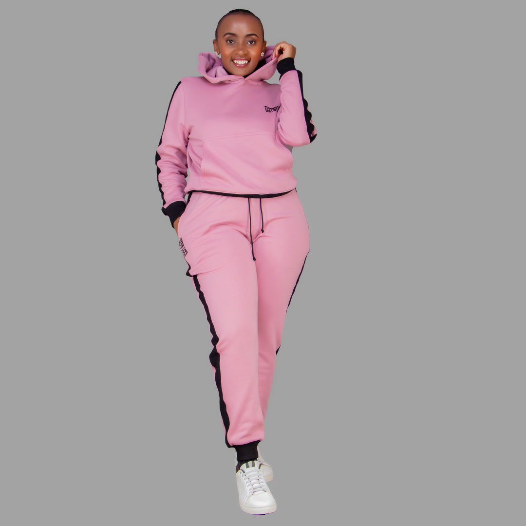 Women's Pink Hoodie Set (Black stripes).