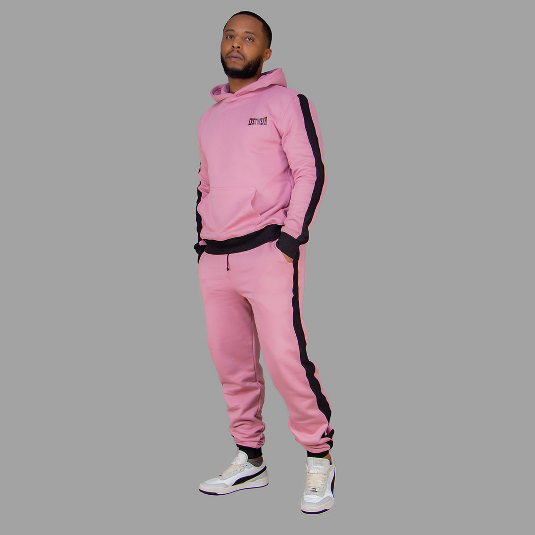 Men's Pink Hoodie Set (Black stripes).