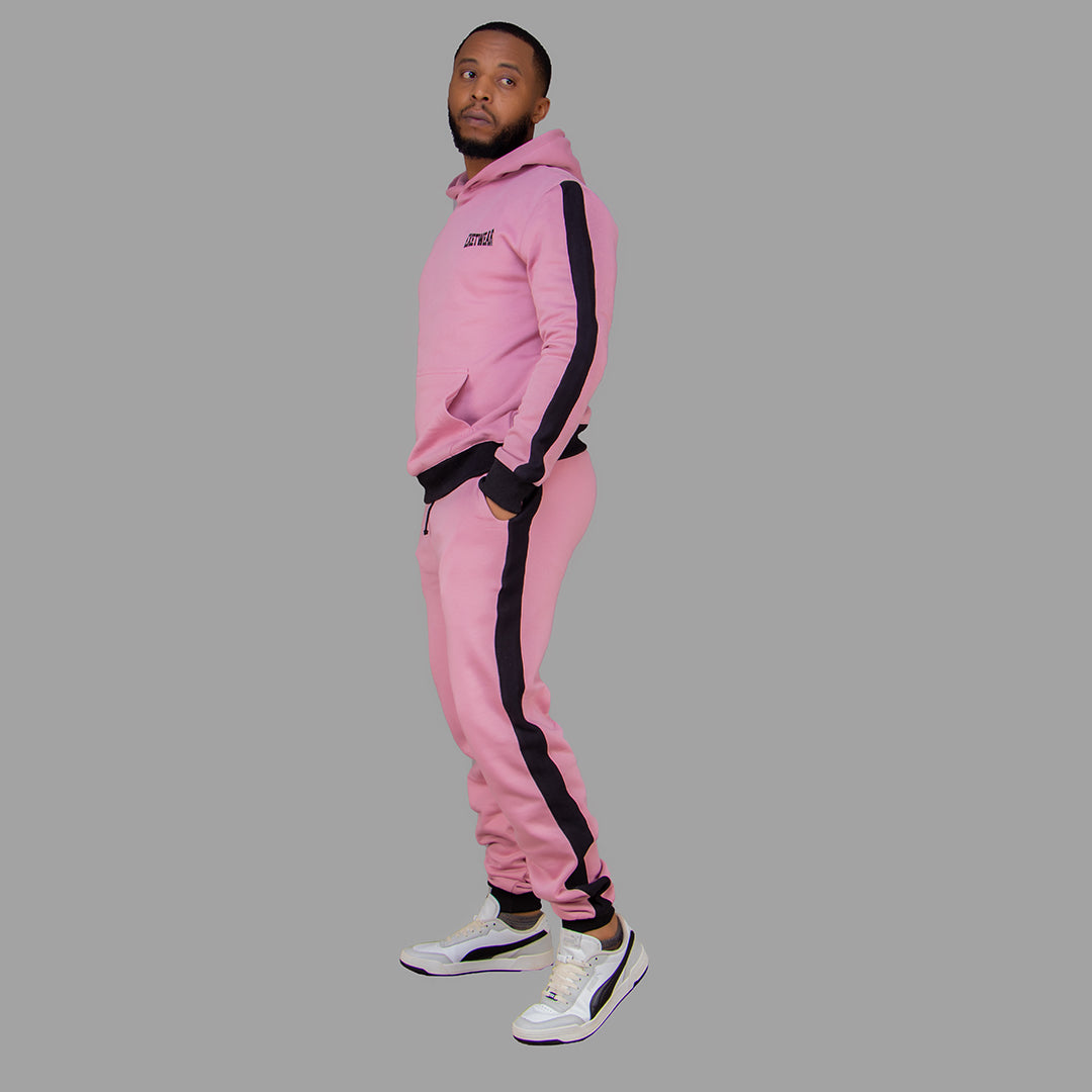 Men's Pink Hoodie Set (Black stripes).