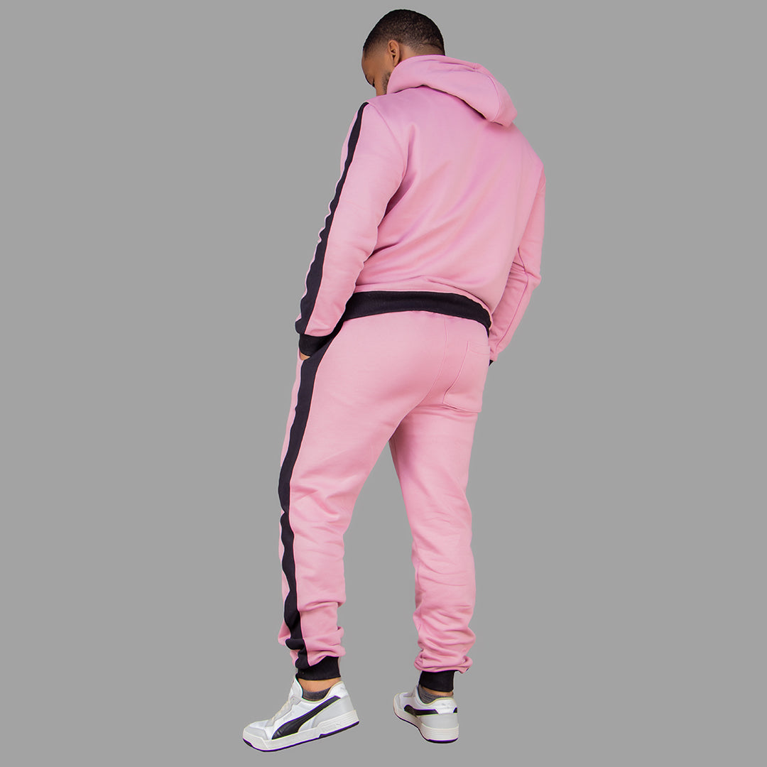 Men's Pink Hoodie Set (Black stripes).