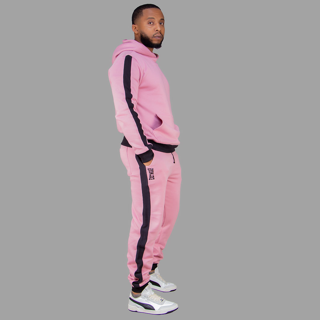 Men's Pink Hoodie Set (Black stripes).