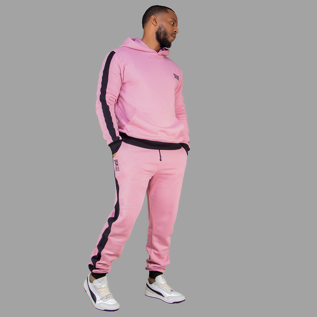 Men's Pink Hoodie Set (Black stripes).