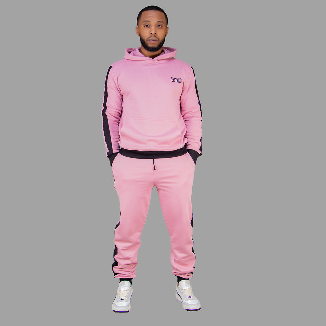 Men's Pink Hoodie Set (Black stripes).