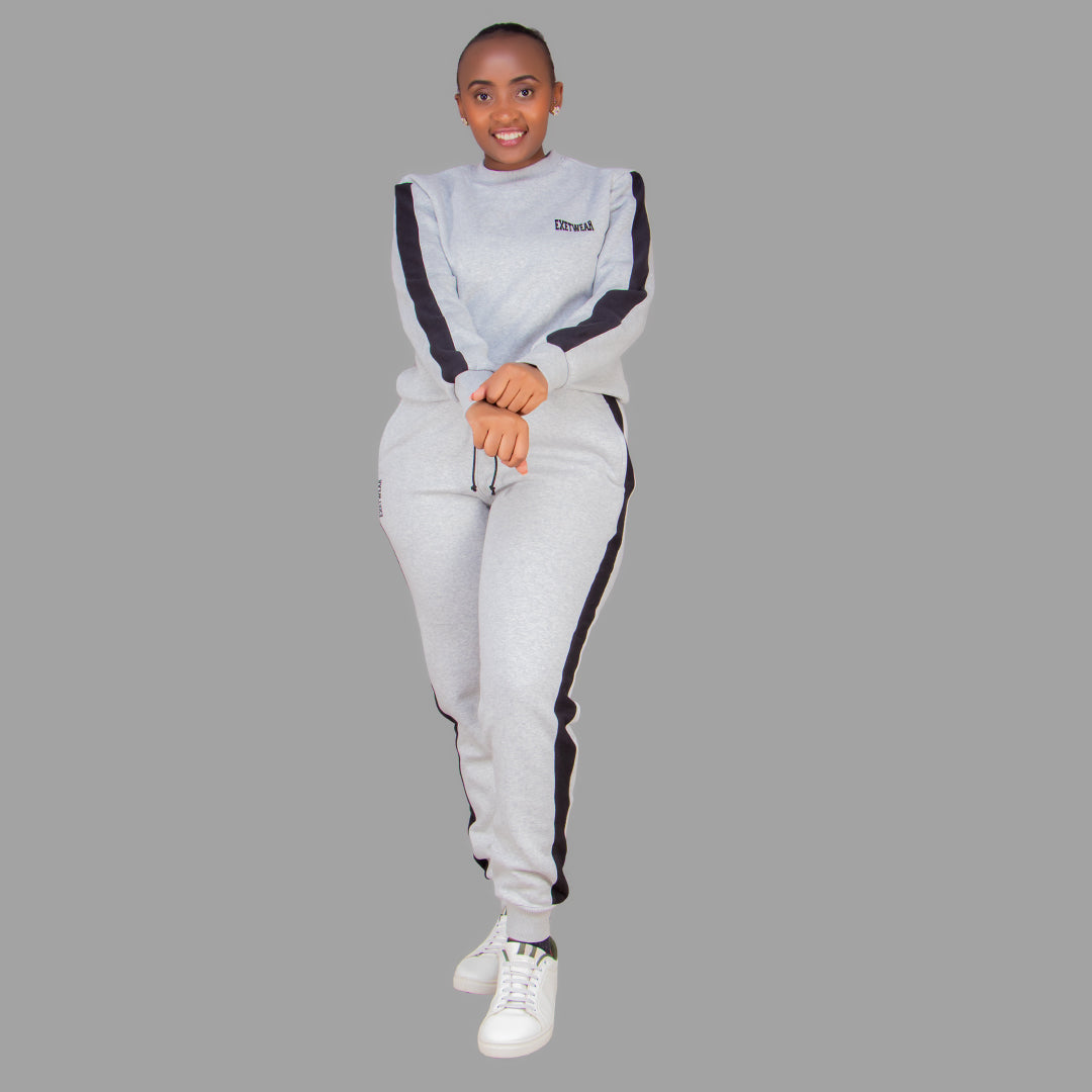 Women's Light Grey Sweatshirt Set (Black Stripes)