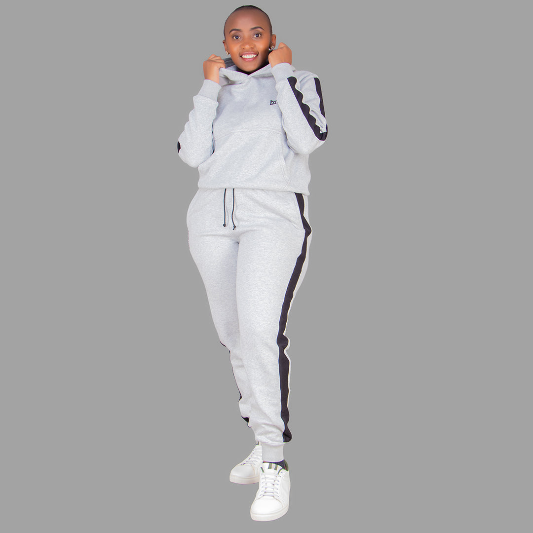 Women's Light Grey Hoodie Set (Black Stripes)