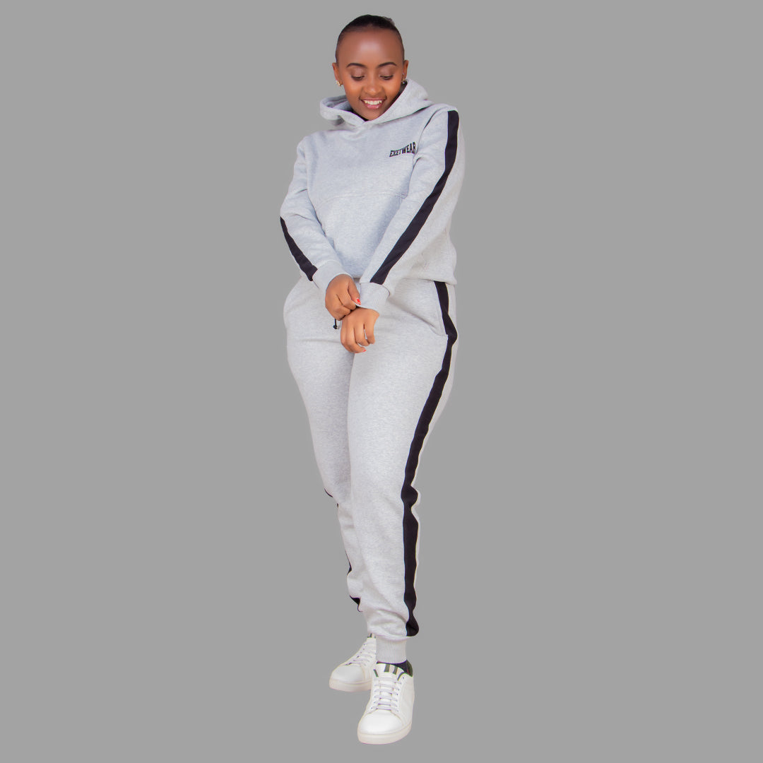 Women's Light Grey Hoodie Set (Black Stripes)