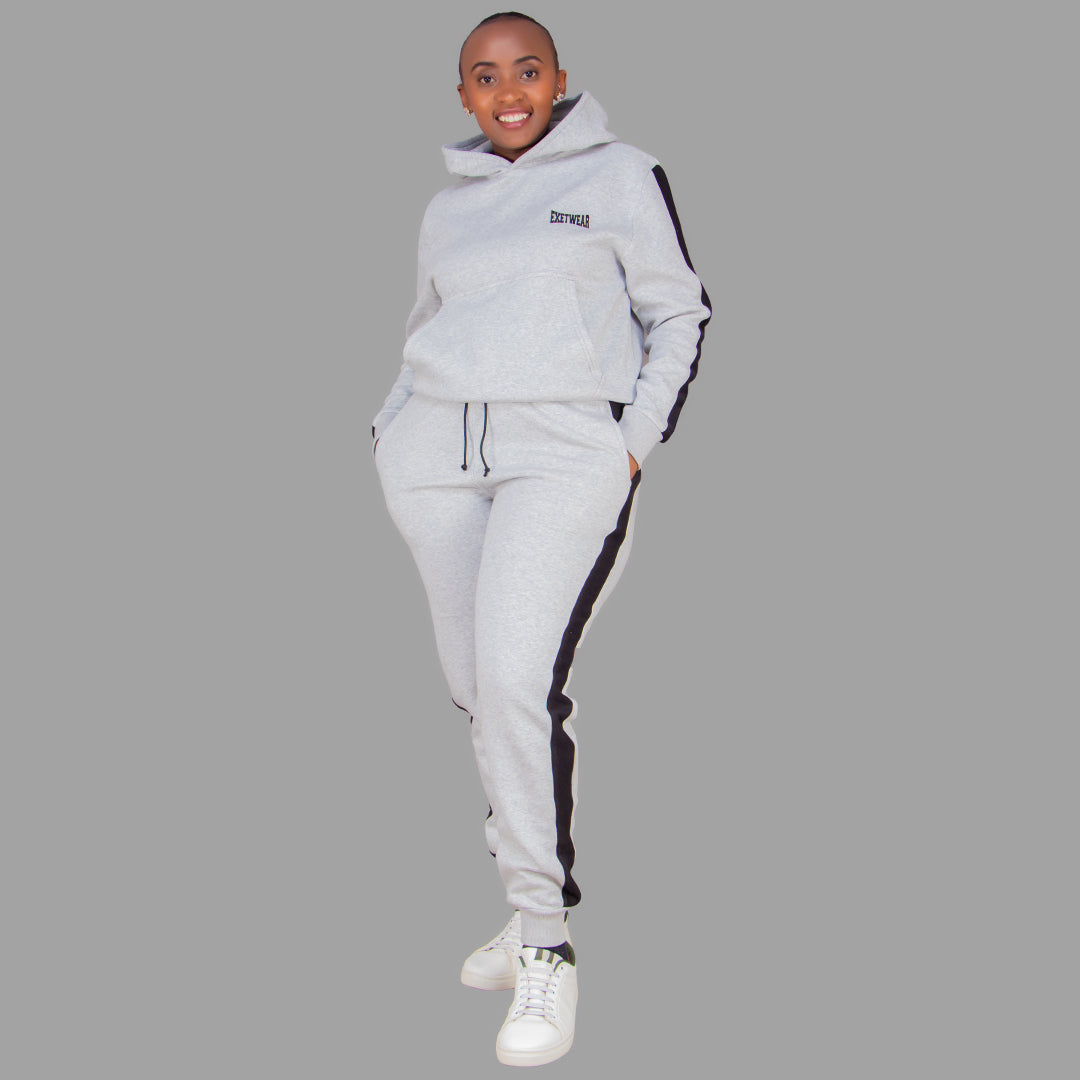 Women's Light Grey Hoodie Set (Black Stripes)