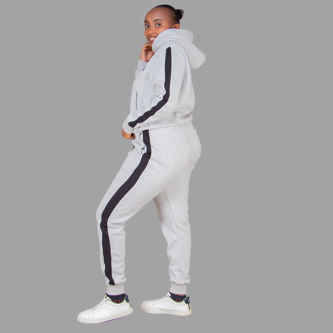 Women's Light Grey Hoodie Set (Black Stripes)