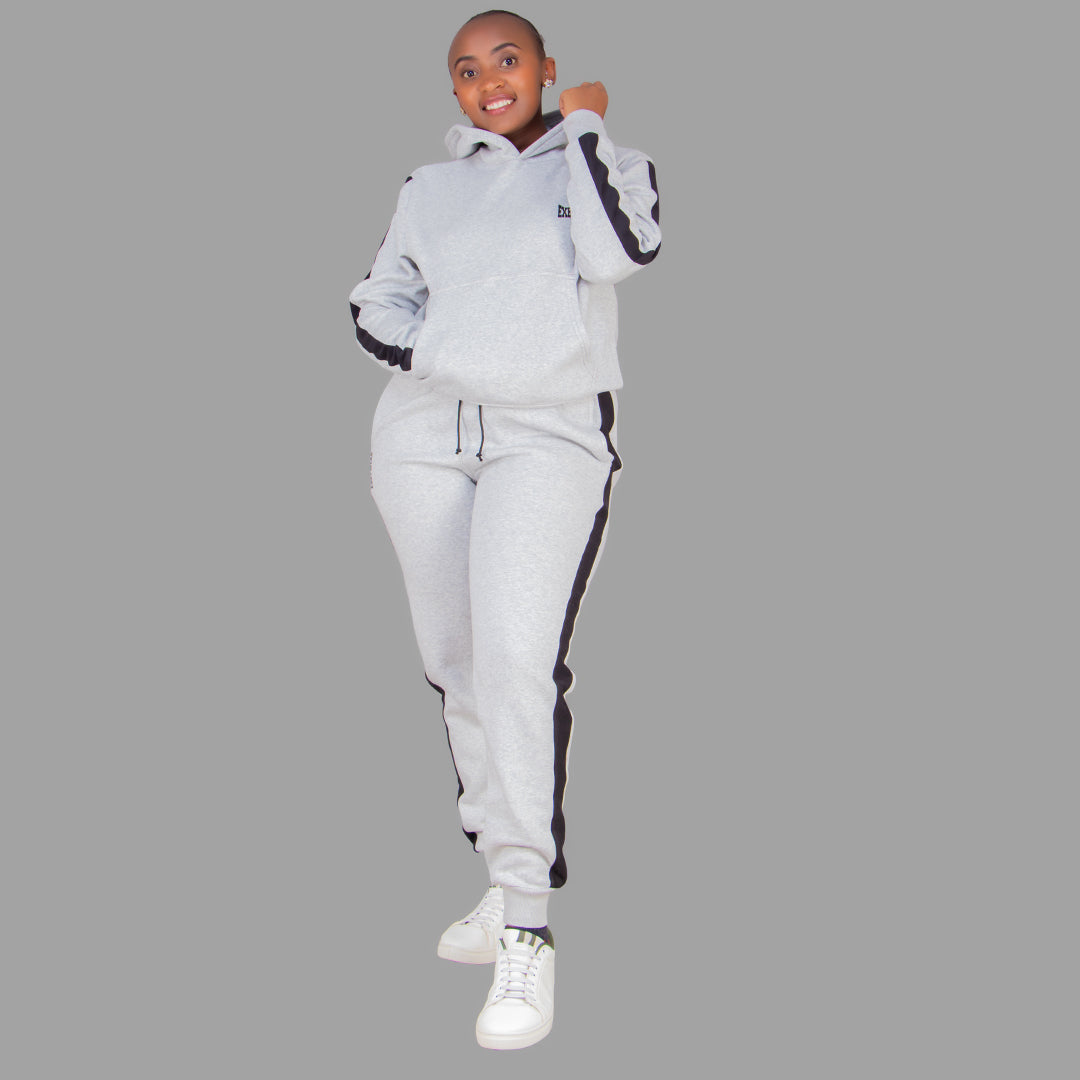 Women's Light Grey Hoodie Set (Black Stripes)