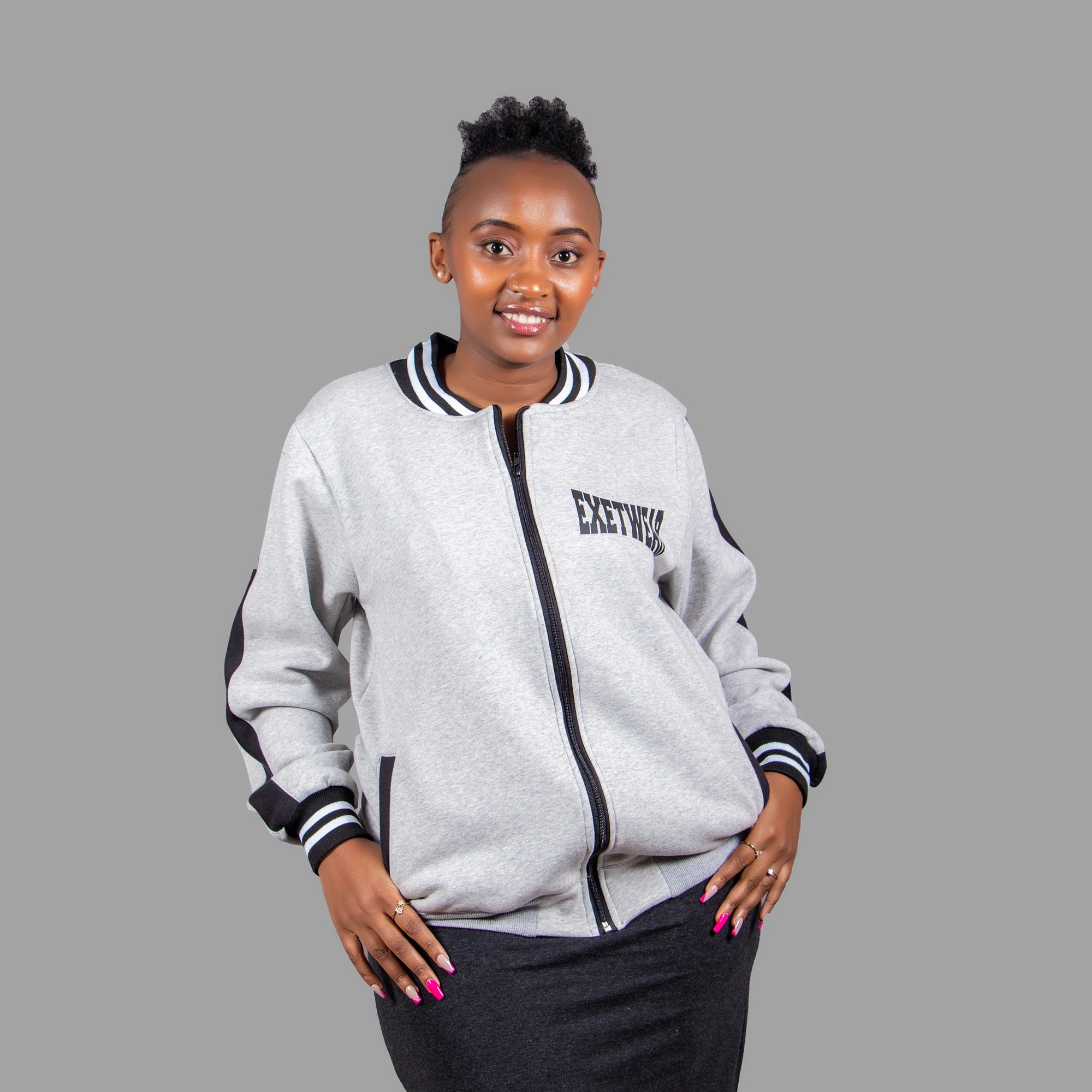 Women Zipper Jacket (Light Grey/Black Stripe)