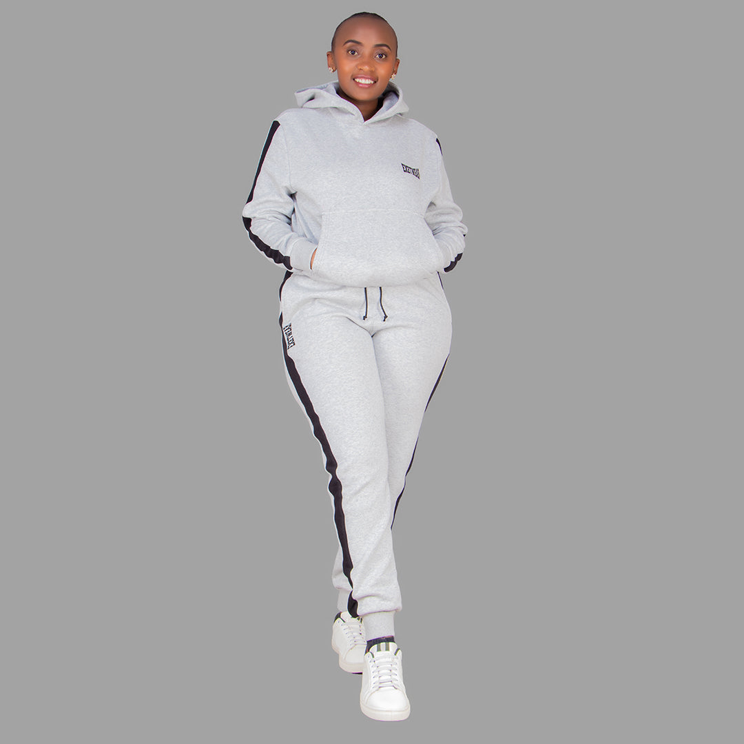 Women's Light Grey Hoodie Set (Black Stripes)