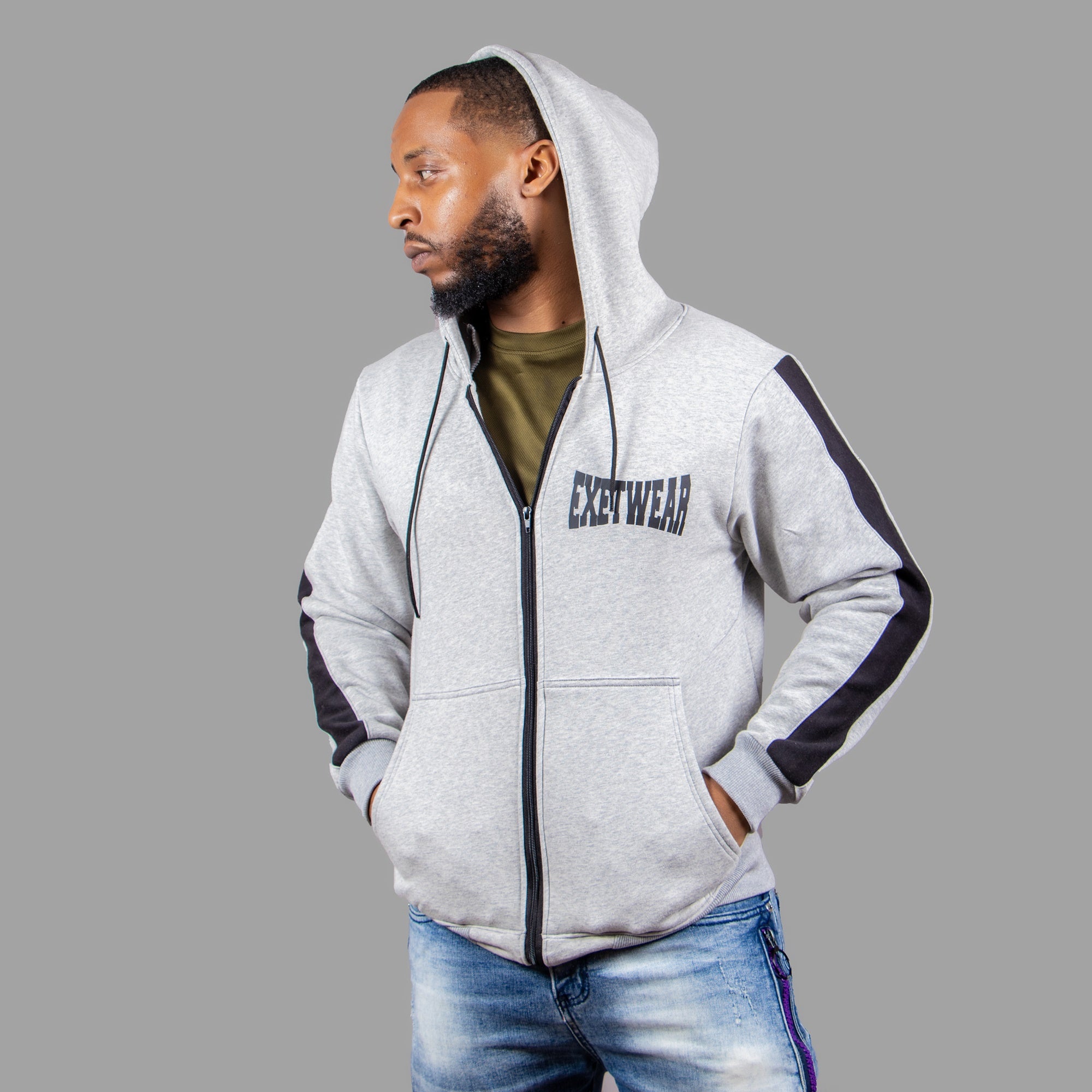 Men Zipper Hoodie (Light Grey/Black stripe)