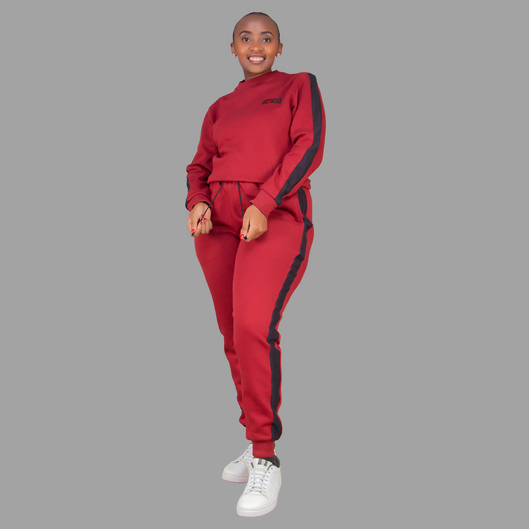 Women's Maroon Sweatshirt Set (Black Stripes)