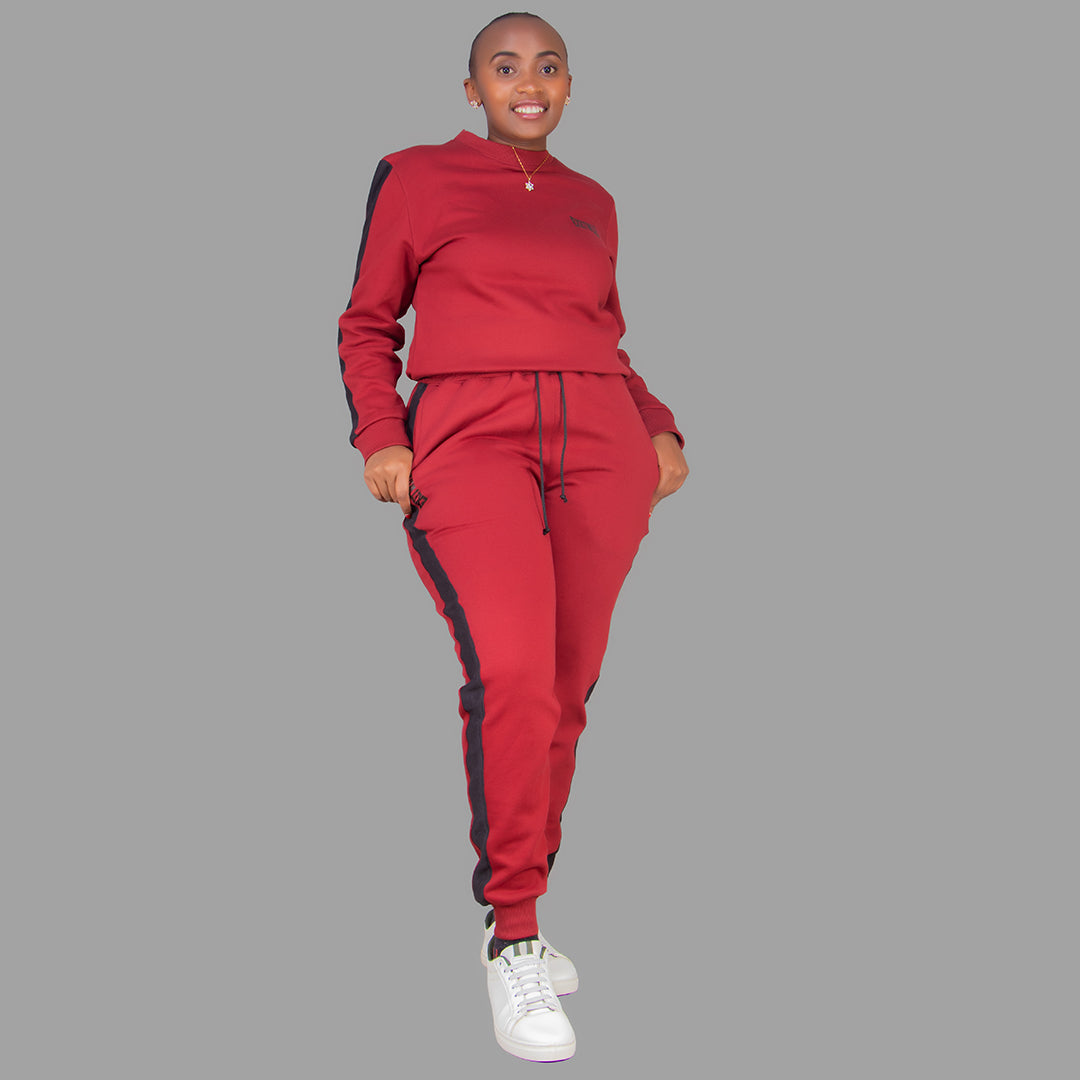 Women's Maroon Sweatshirt Set (Black Stripes)