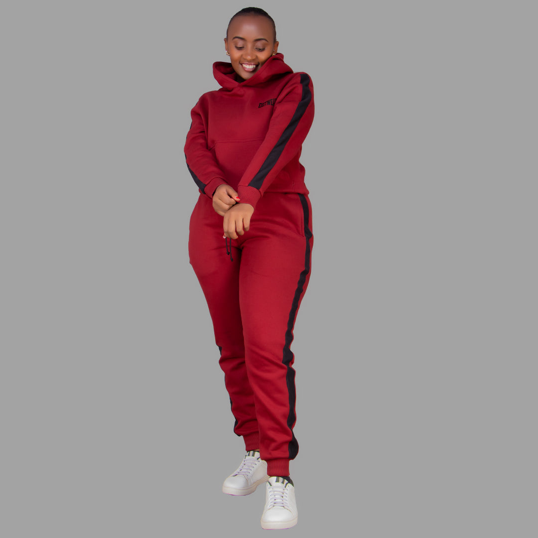 Women's Maroon Hoodie Set  (Black Stripes)