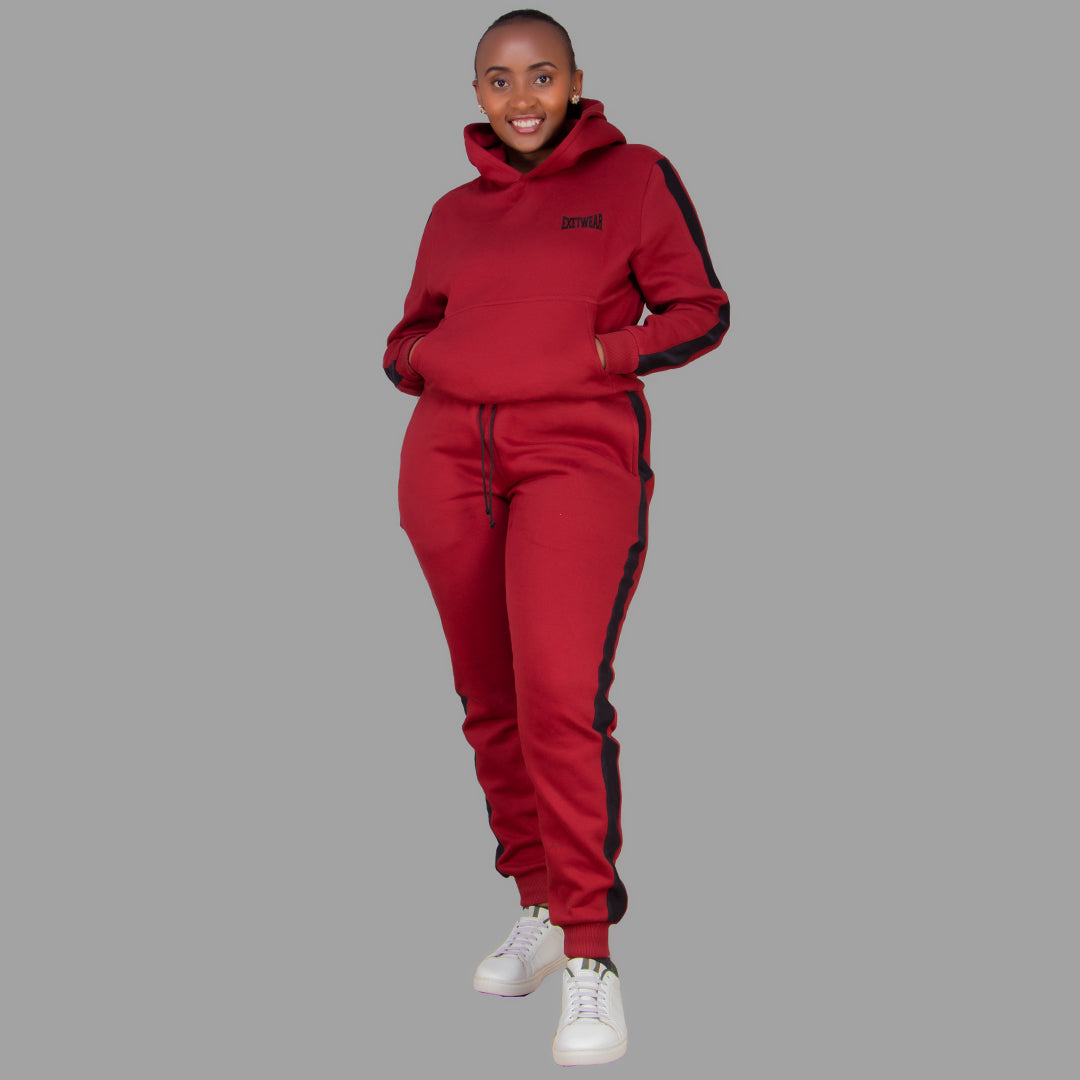 Women's Maroon Hoodie Set  (Black Stripes)