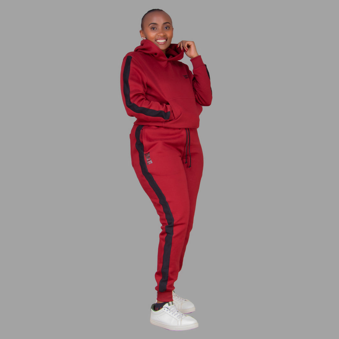 Women's Maroon Hoodie Set  (Black Stripes)