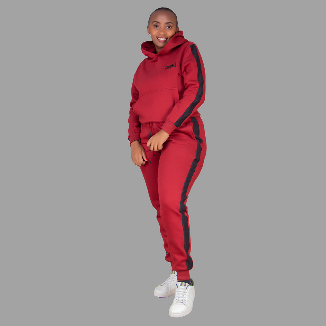 Women's Maroon Hoodie Set  (Black Stripes)