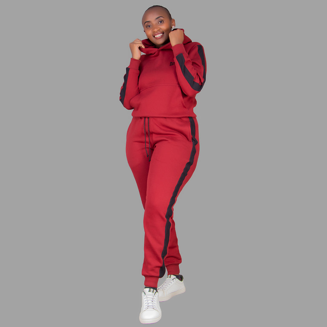 Women's Maroon Hoodie Set  (Black Stripes)