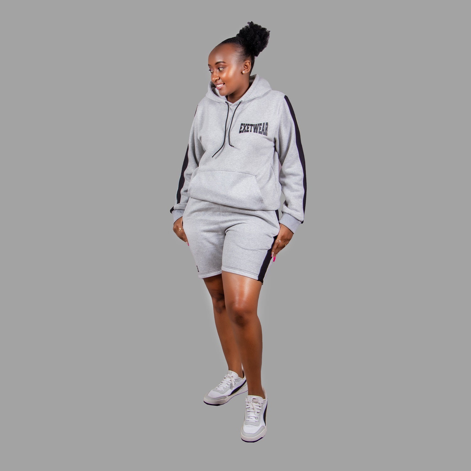 Women's Striped Hoodie Short Set - Light Grey