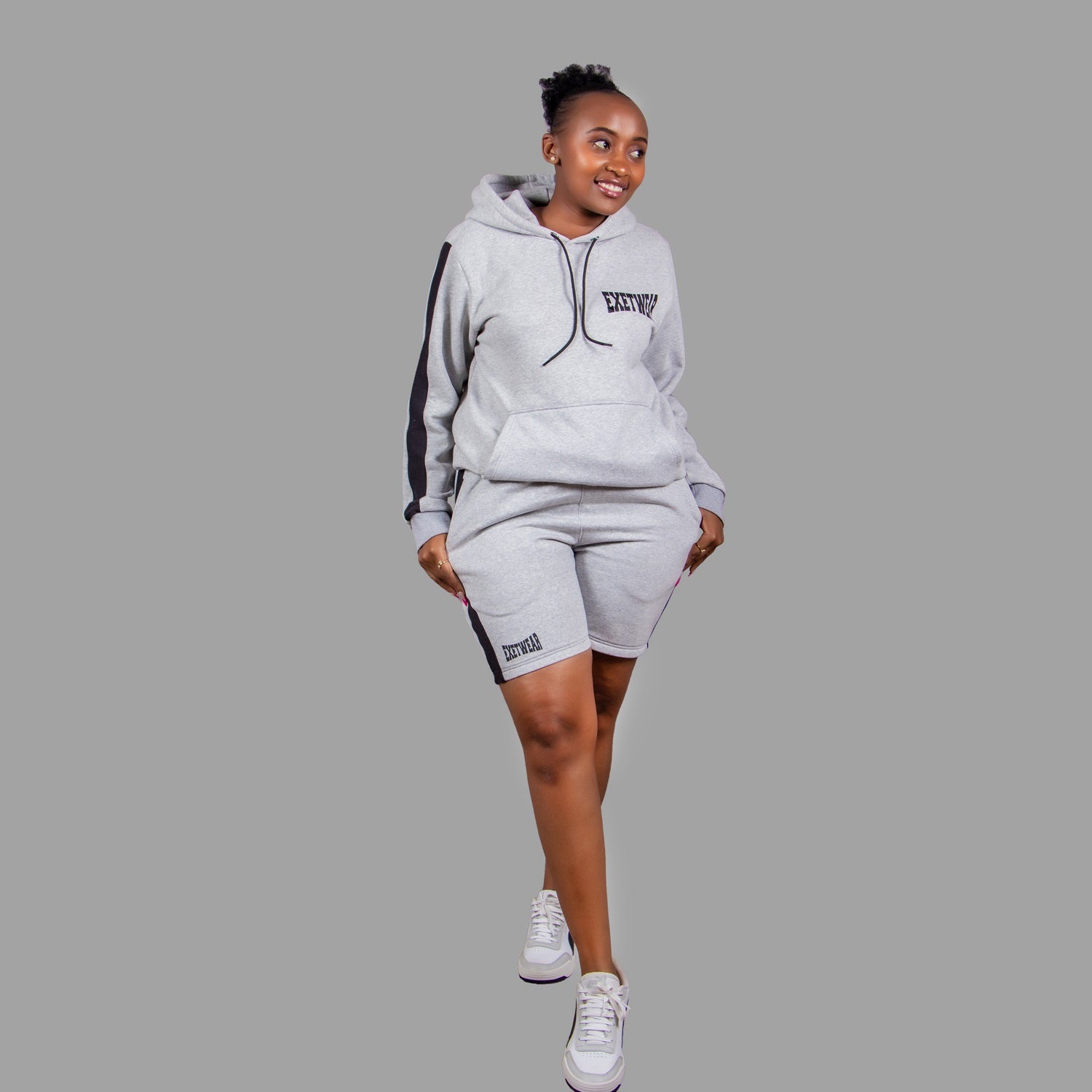 Women's Striped Hoodie Short Set - Light Grey