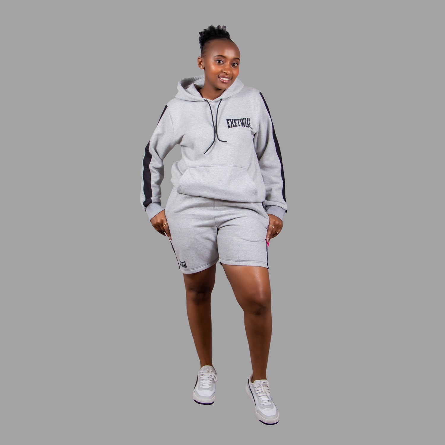 Women's Striped Hoodie Short Set - Light Grey