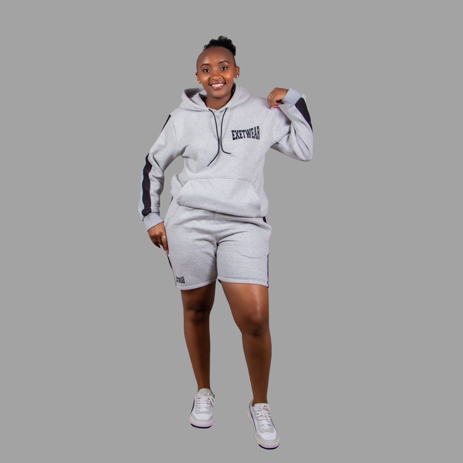 Women's Striped Hoodie Short Set - Light Grey