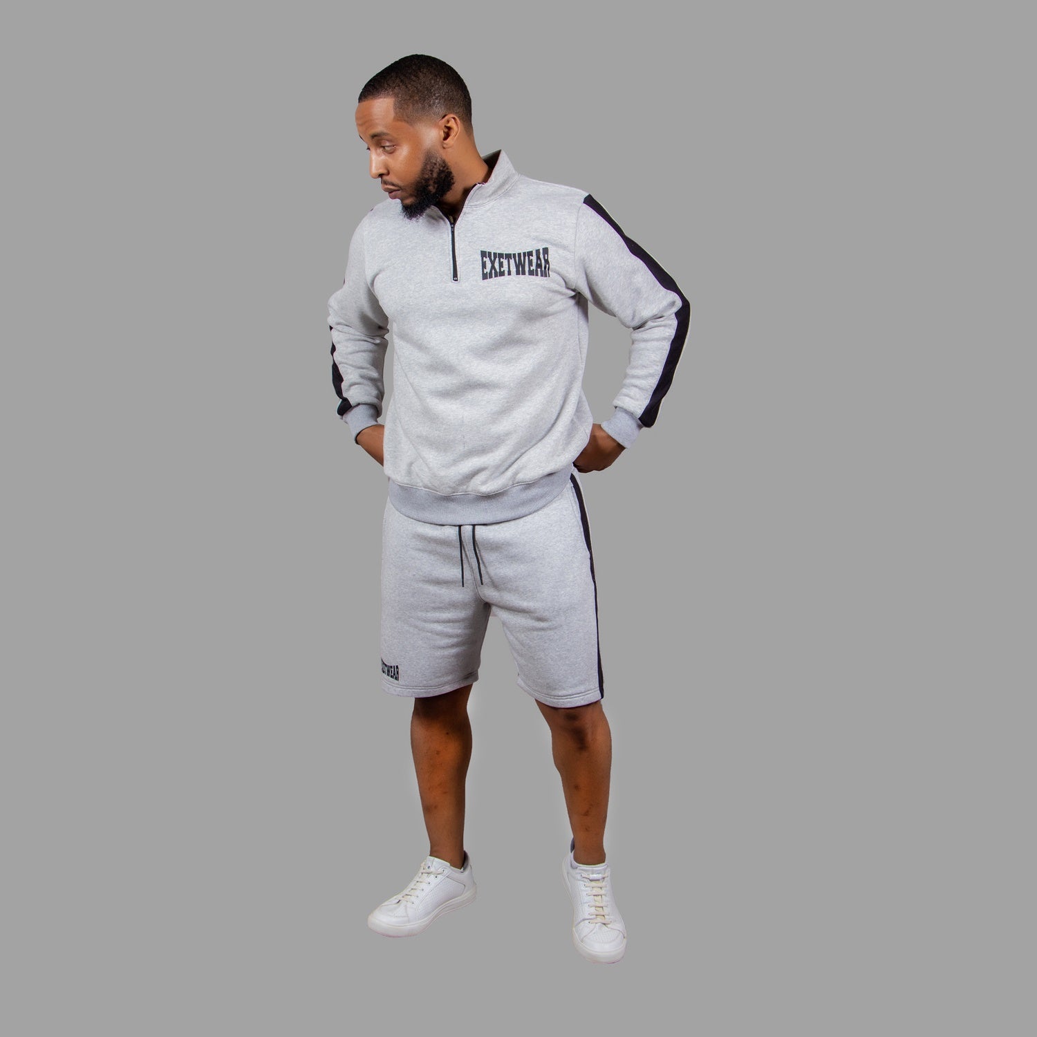 Men's Striped Half-Zipper Short Set in Light Grey