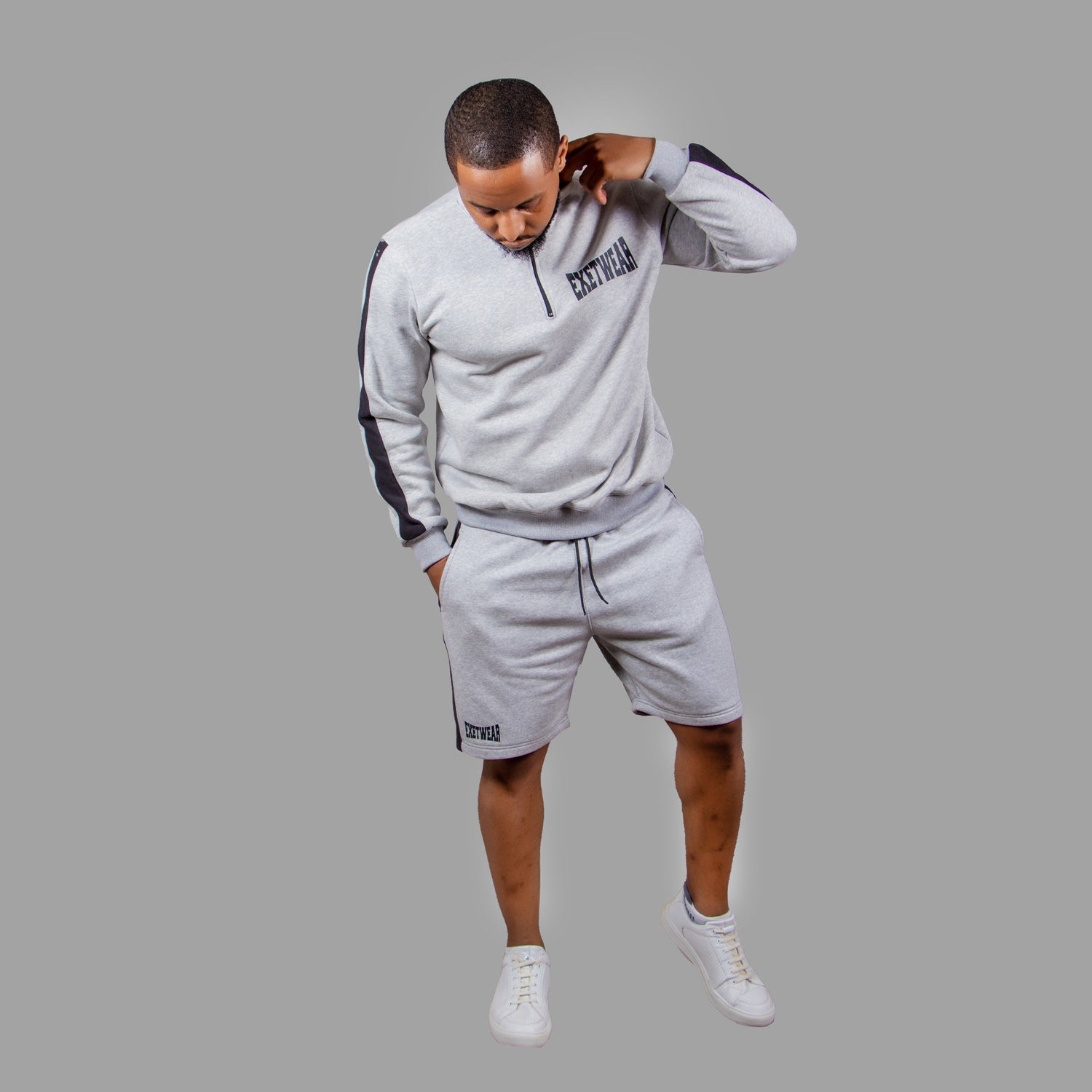 Men's Striped Half-Zipper Short Set in Light Grey