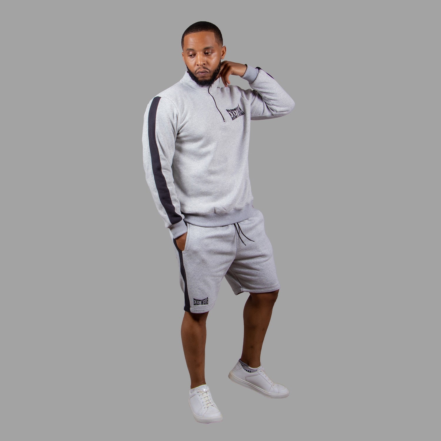 Men's Striped Half-Zipper Short Set in Light Grey