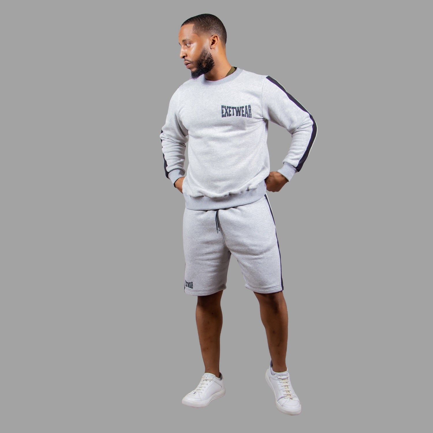 Men's Striped Sweatshirt Short Set in Light Grey
