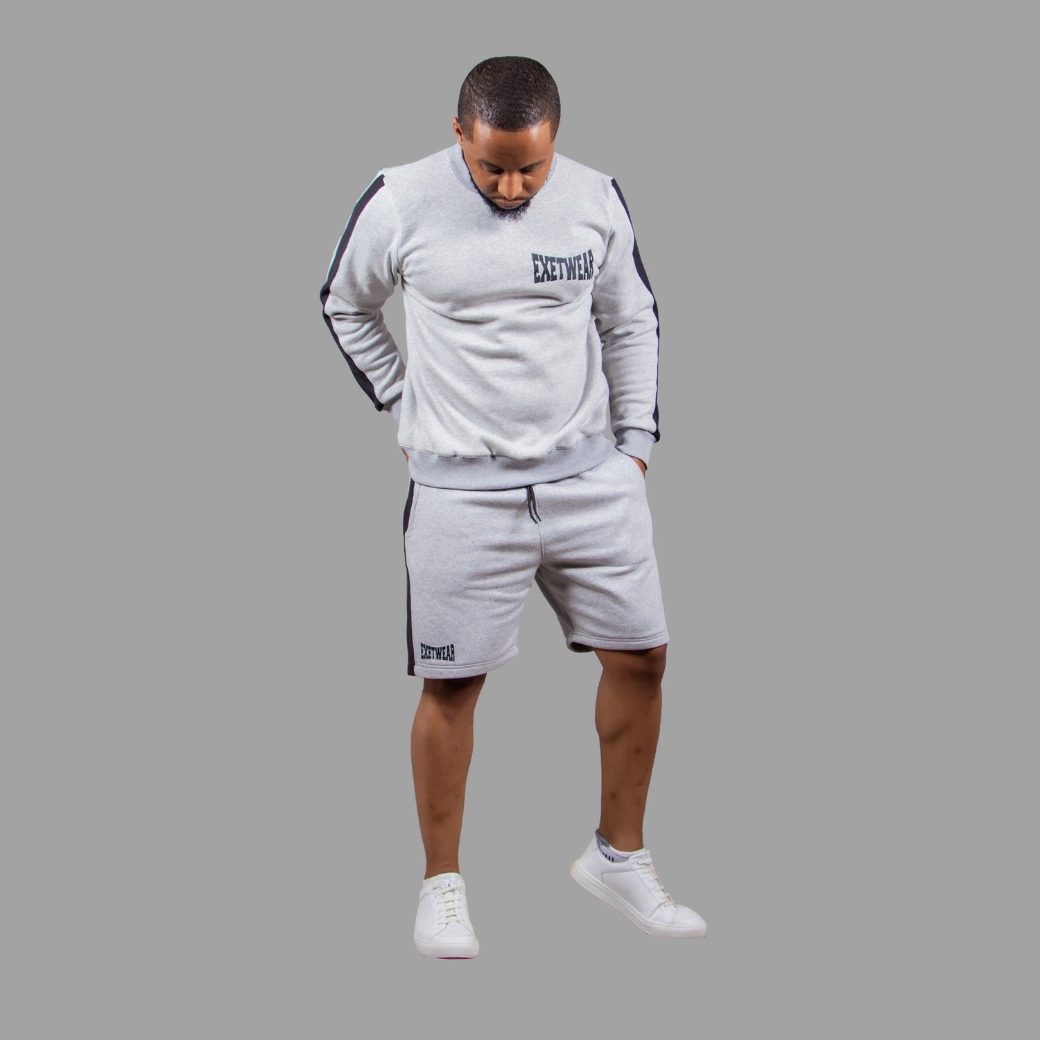 Men's Striped Sweatshirt Short Set in Light Grey