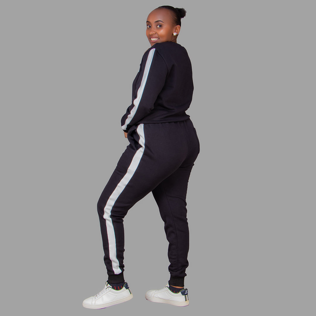 Women's Black Sweatshirt Set with White Stripes