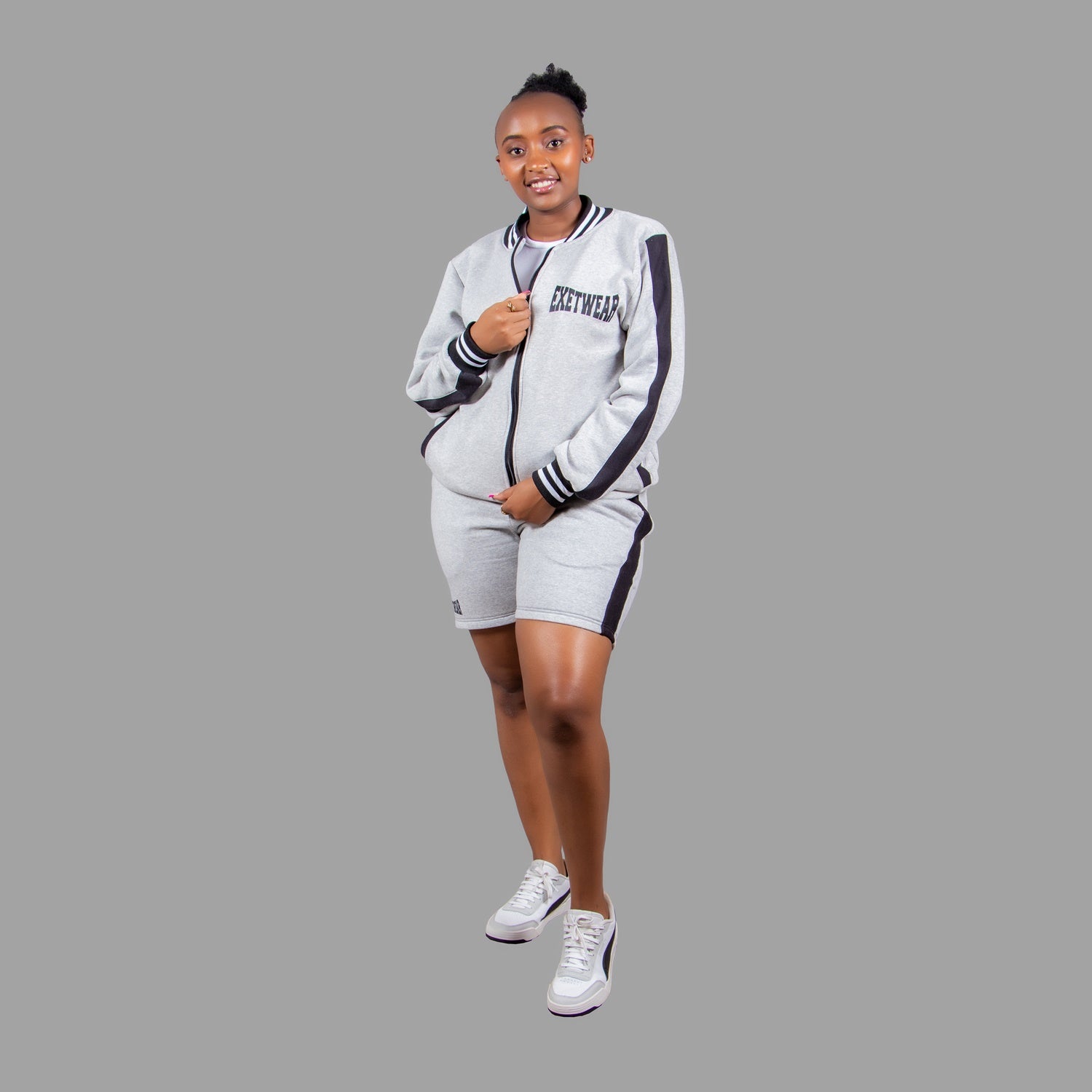 Women's Striped Jacket Short Set (Light Grey)