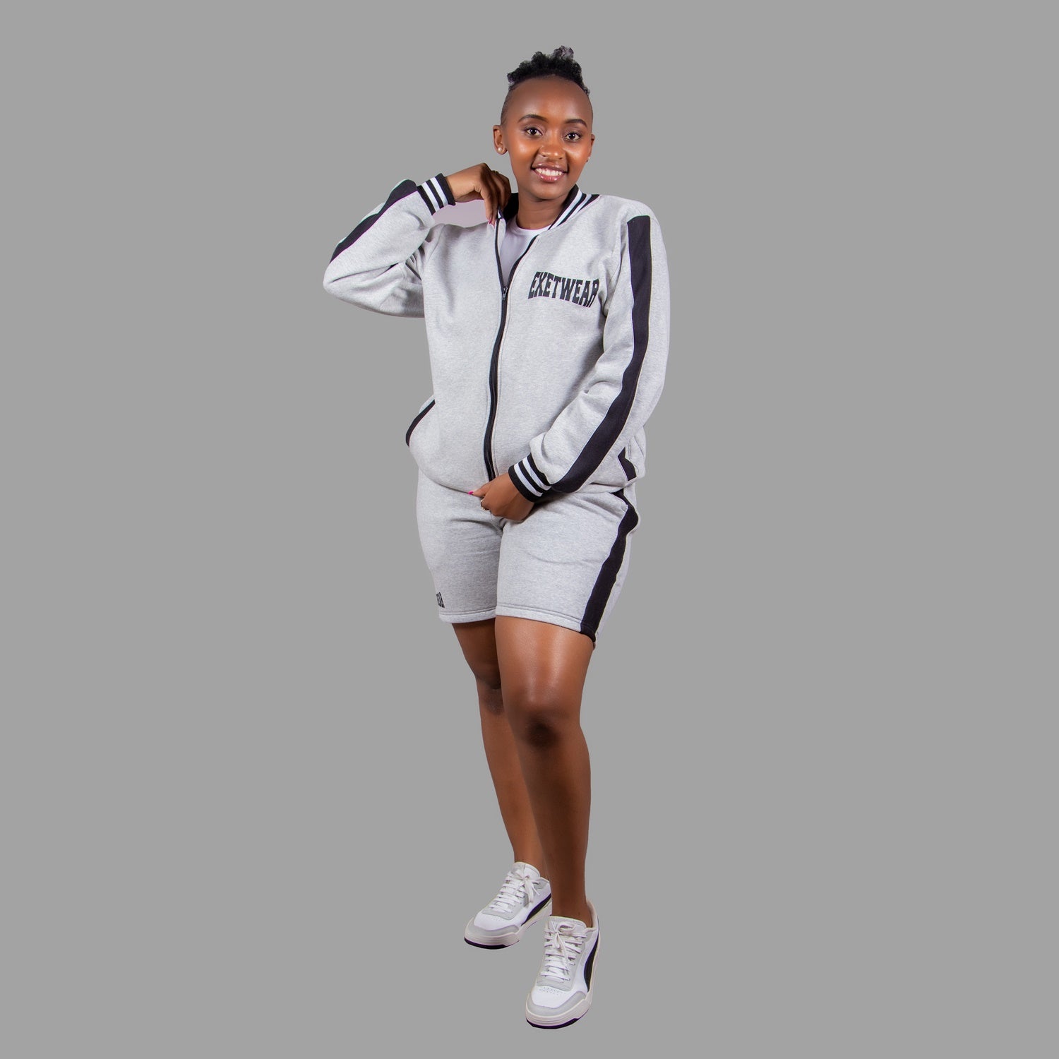 Women's Striped Jacket Short Set (Light Grey)