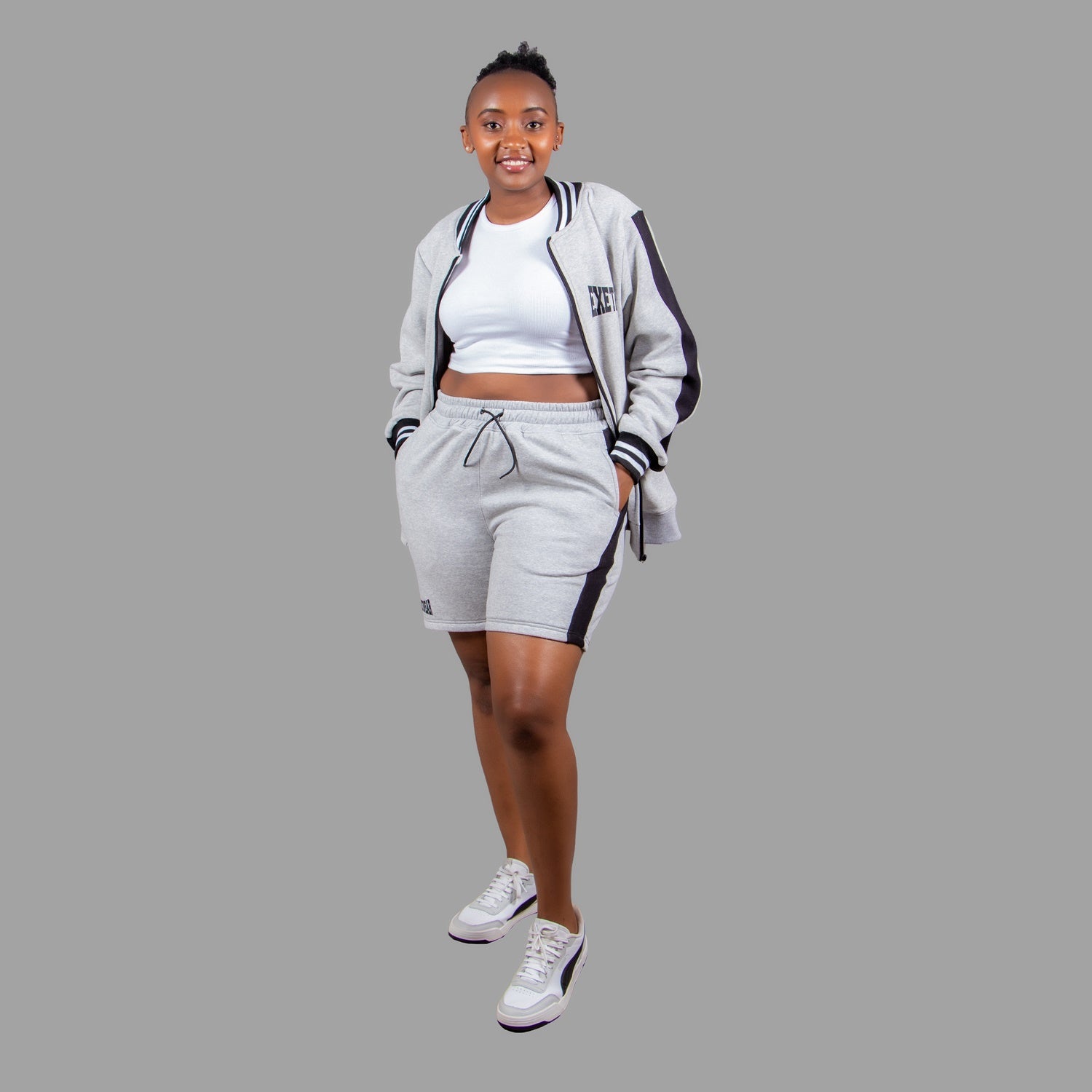 Women's Striped Jacket Short Set (Light Grey)